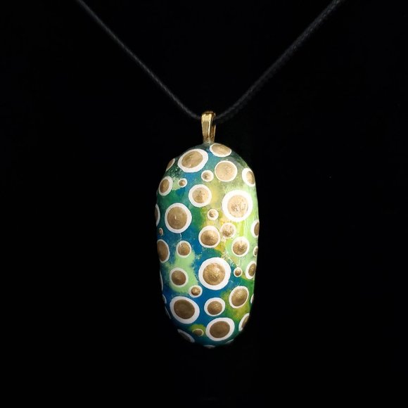 Handpainted Dot Art Pendant, Tahiti Green, Mod, Modern Art Jewelry - Picture 1 of 10